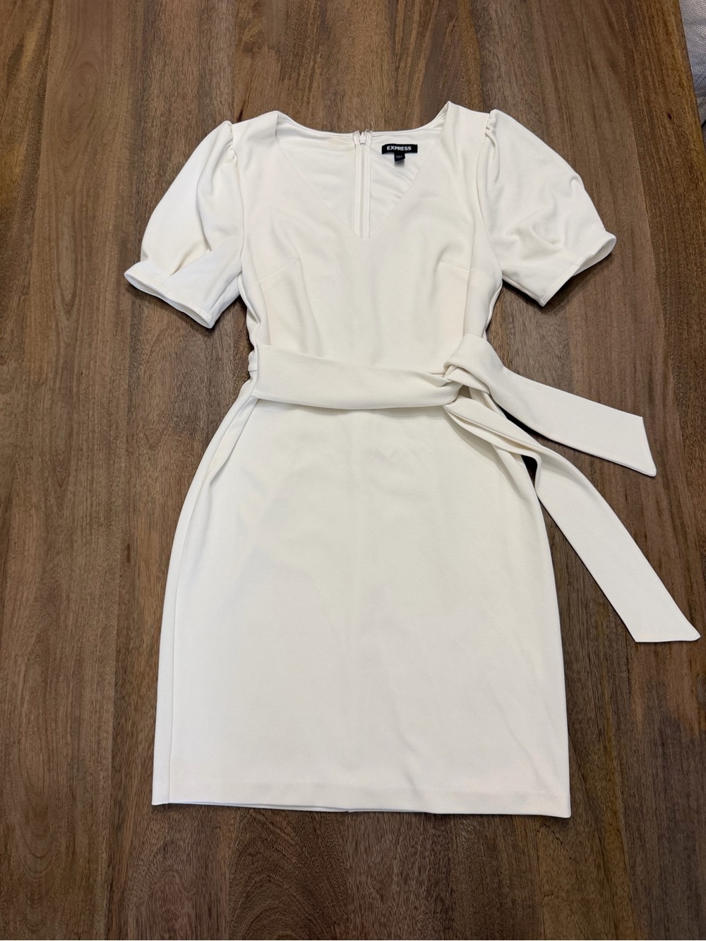 Express Cream Puff-Sleeve Wrap Belt Mini Dress